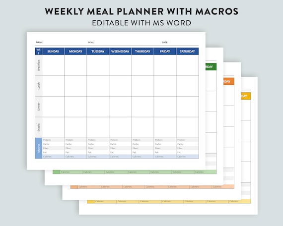 Editable MS Word Weekly Meal Planner with Macros Template, Printable Word Meal Planner with Macros, Macro Tracker Meal Planner