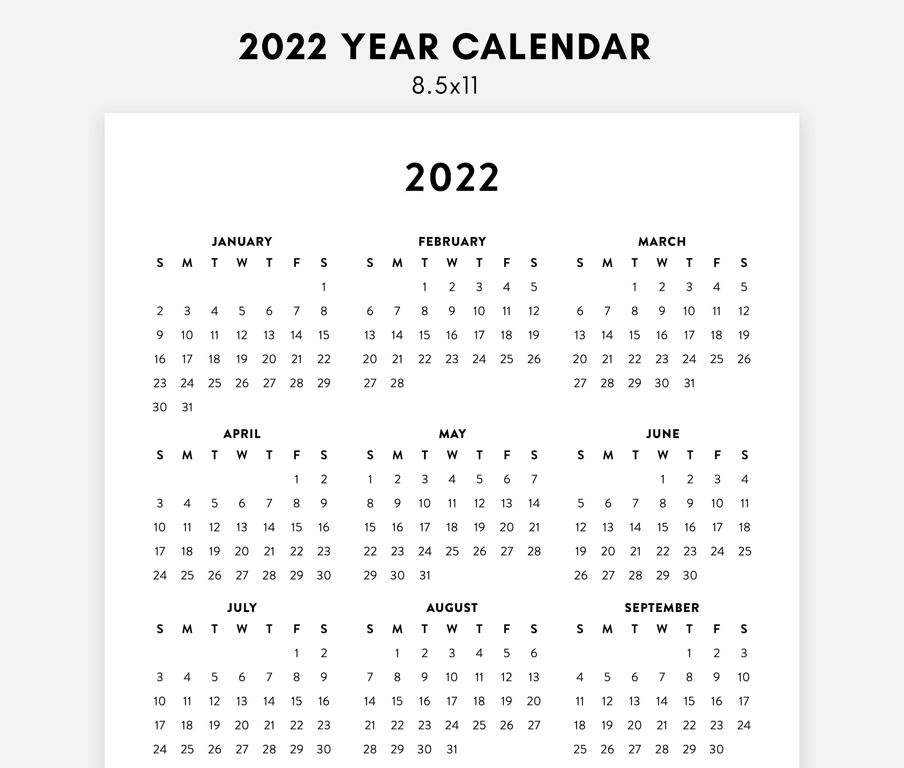 2022 printable calendar 2022 simple calendar 2022 calendar etsy uk