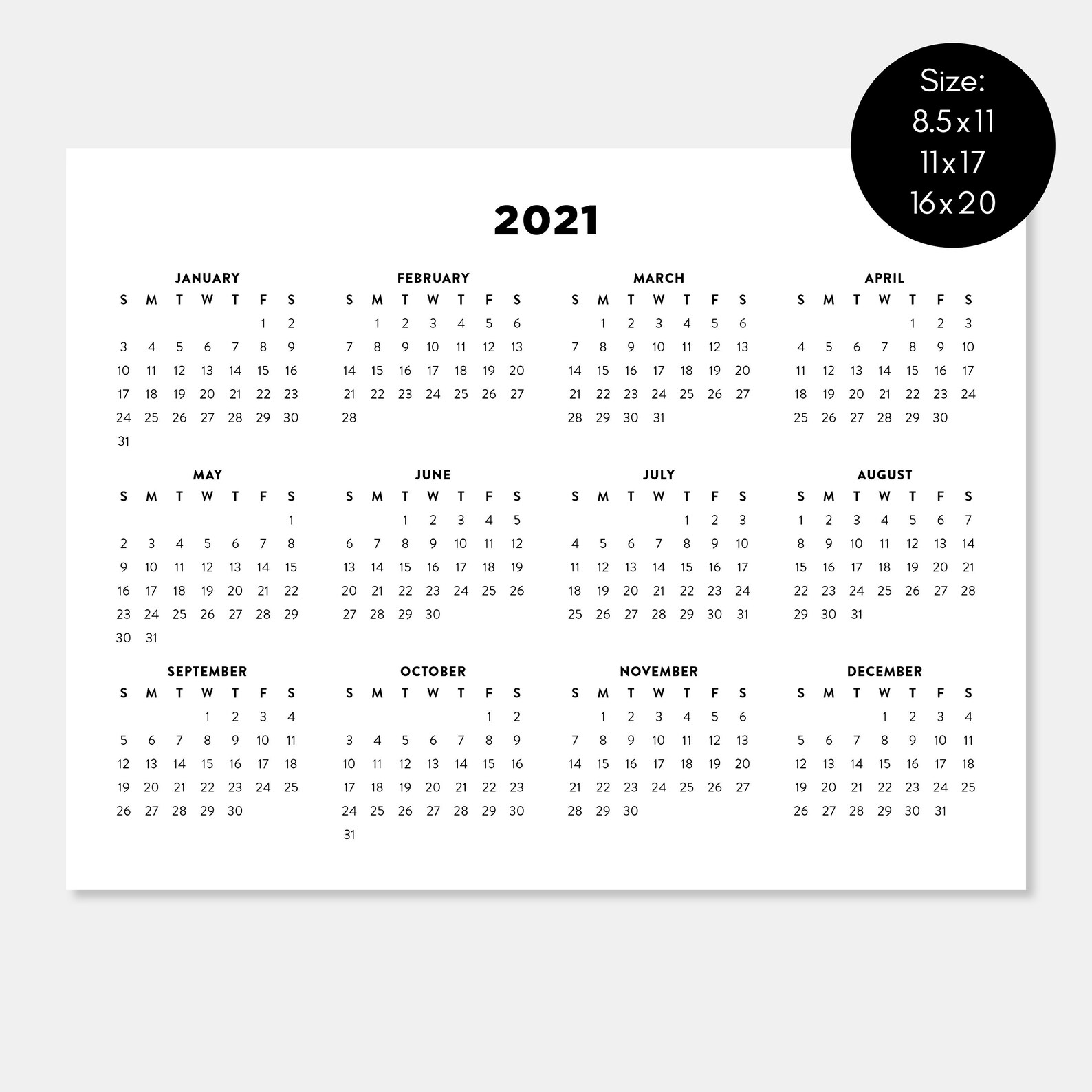 2021 Printable Horizontal Calendar 2021 Desk Planner 2021 Etsy