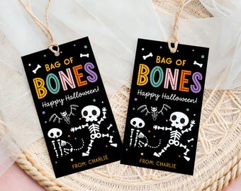 Etiqueta de regalo de Halloween con forma de bolsa de huesos, esqueleto imprimible para pretzels o dulces, etiqueta de Canva editable y divertida para regalos o recuerdos de Halloween, aula