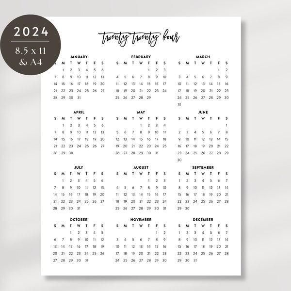 2024 Printable Calendar, 2024 Letter Planner, 2024 Script Calendar, Letter Desk Calendar, 8.5x11 and A4, Instant Download