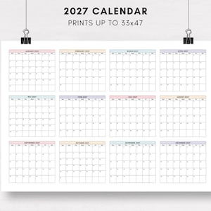 Calendario de pared grande imprimible 2027, planificador minimalista en tonos pastel, vista panorámica de 12 meses, calendario anual