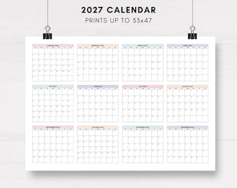 2027 Large Printable Wall Calendar, Pastel Minimalist Planner Landscape, 12-Month Overview, Year Calendar