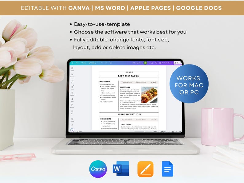 Modello di ricetta di 4 pagine, libro di ricette stampabile, modello di ricetta modificabile Word, Mac Pages, Google Docs, Canva, modello di libro di cucina pulito e semplice immagine 7