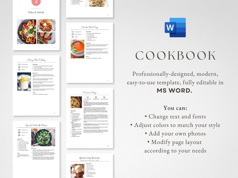 Editable MS Word Cookbook Template, Printable Recipe Binder Kit