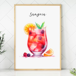 Watercolor Sangria Cocktail Digital Wall Art, Printable Sangria Drink Poster, Kitchen Wall Art, Instant Download, Bar Decor, Kitchen Poster