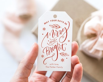Merry and Bright Printable Holiday Gift Tag, Hand Lettered Christmas Favor Tag, Edit in Canva