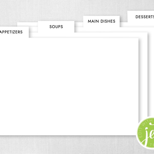 Editable Recipe Card Dividers, 4x6 and 5x7 Recipe Card Dividers, Printable Recipe Dividers, Editable Recipe Cards, Minimalist Dividers 4x6