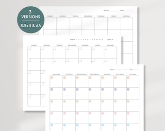 May include: Three printable calendar templates in black and white. The first two calendars are blank, while the third calendar has colored dots in each day's box.