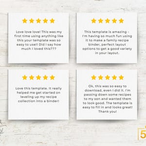 May include: Four white cards with customer reviews and gold star ratings. The reviews praise the template's ease of use and layout options. The bottom right corner features a "5 STAR RATING" graphic.