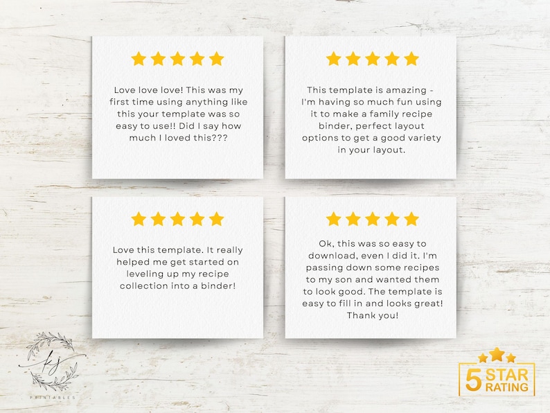 May include: Four white cards with customer reviews and gold star ratings. The reviews praise the template's ease of use and layout options. The bottom right corner features a "5 STAR RATING" graphic.