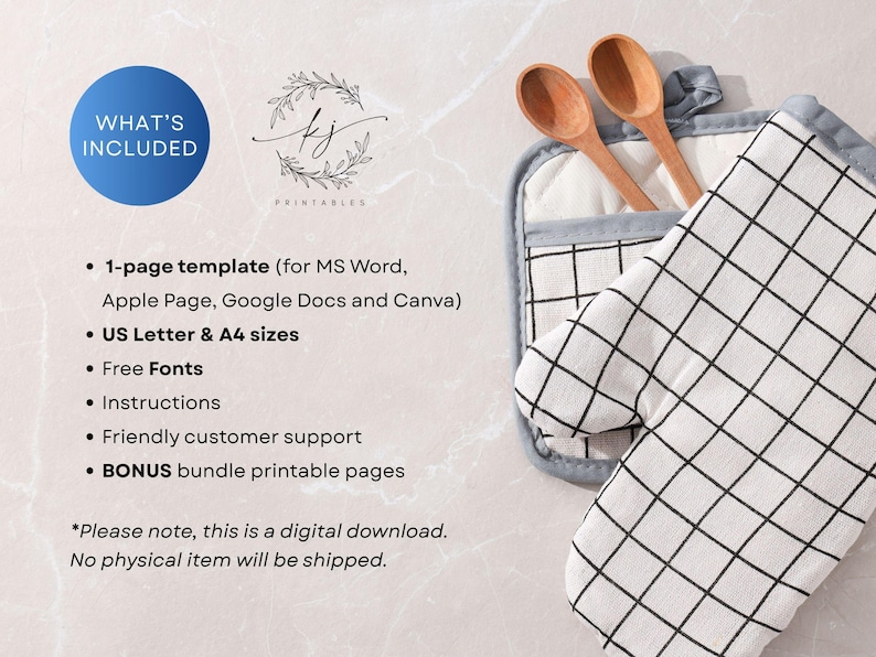 May include: A white and black checkered oven mitt with two wooden spoons in the pocket. The image includes text that says "WHAT'S INCLUDED" and lists features such as a 1-page template, US Letter & A4 sizes, and free fonts.