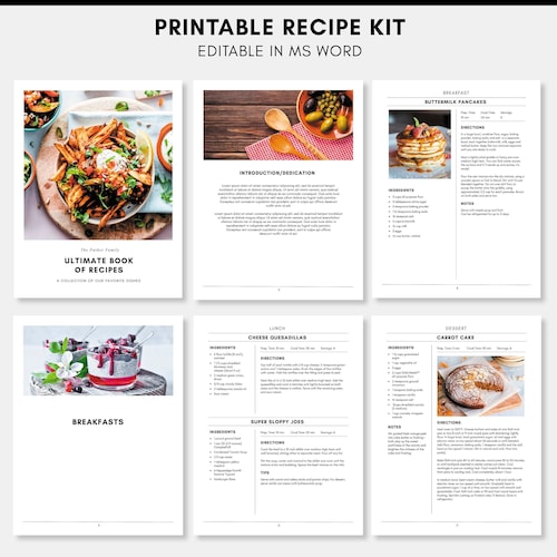 MS Word Recipe Template Printable Recipe Cookbook Editable Etsy