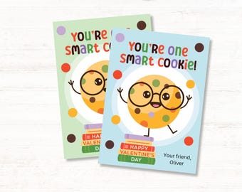You're One Smart Cookie, Printable Valentine Card, Editable Kids Classroom Valentine, Cute School Valentine, Cookie, Teacher Valentine, DIY