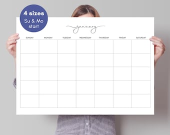 Blank Printable Monthly Calendar, Undated Large Wall Planner, 8x11, 18x24, 24x36, 27x40, Reusable