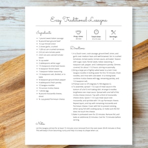 May include: A printed recipe for Easy Traditional Lasagna, featuring a list of ingredients and detailed instructions. The recipe includes measurements in ounces and pounds. The page is on a white background with a wooden cutting board.