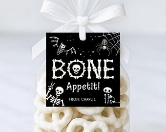 Editable Halloween Square Gift Tag, Bone Appetit Printable Treat Tag, Trick or Treat Gift Tag, Funny Skeletons Party Favor, Digital Download