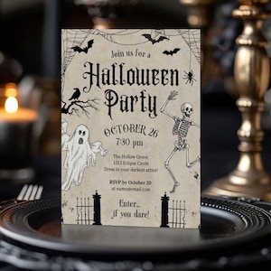 Editable Spooky Halloween Party Invitation Template, 5x7 Printable Adult Invitation, Instant Download, Vintage style Skeleton and Ghost