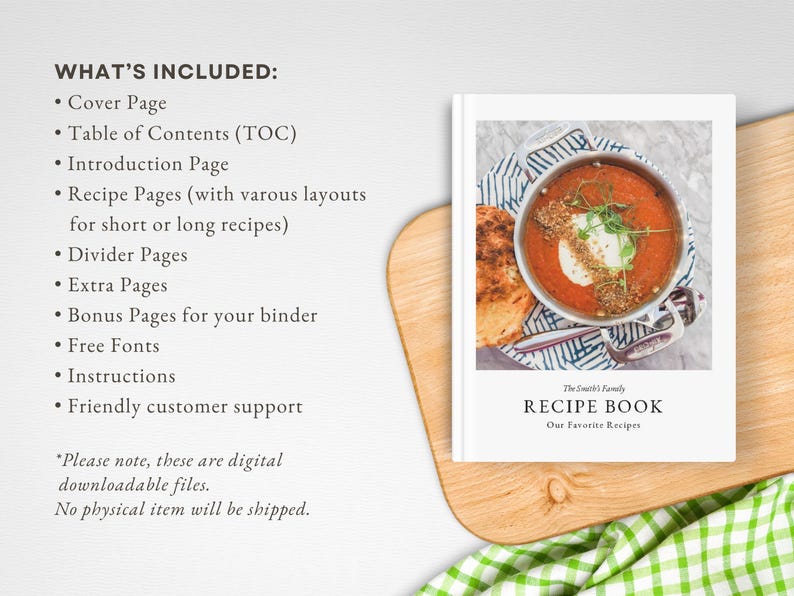 May include: A white cover of a recipe book with the text "The Smith's Family Recipe Book Our Favorite Recipes" and a photo of a bowl of tomato soup with a dollop of cream and a sprig of parsley on top.