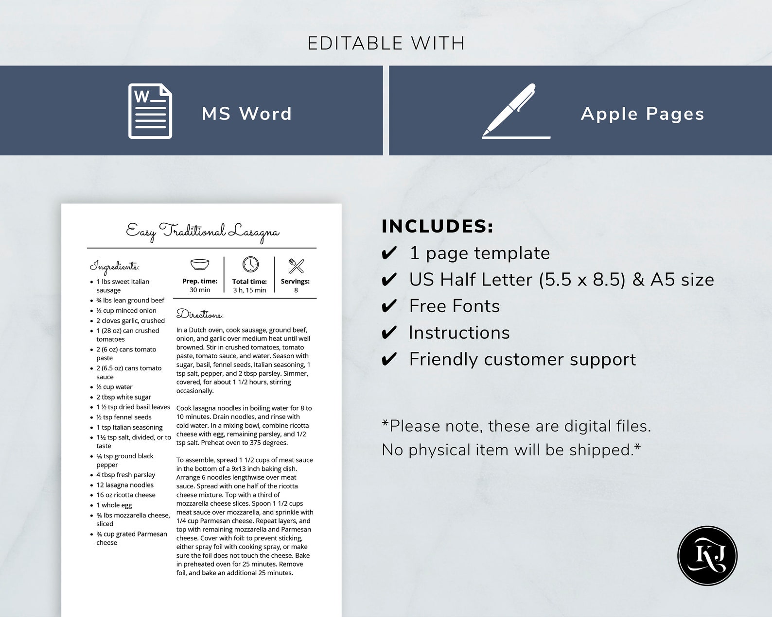 Half Letter and A5 Recipe Template, MS Word Recipe Page, Apple Pages ...