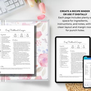May include: A recipe binder with a floral design, a tablet, and a smartphone displaying a lasagna recipe. The recipe includes ingredients, directions, and notes. The text reads, "Easy Traditional Lasagna."