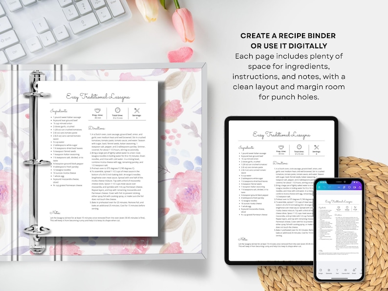 May include: A recipe binder with a floral design, a tablet, and a smartphone displaying a lasagna recipe. The recipe includes ingredients, directions, and notes. The text reads, "Easy Traditional Lasagna."