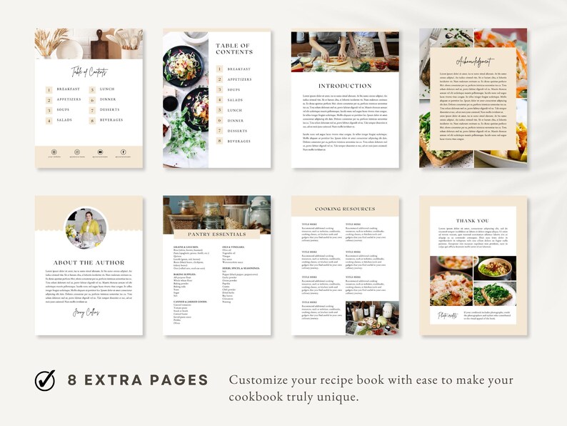 Peut inclure: Un ensemble de huit pages imprimables pour un livre de recettes. Les pages comprennent une table des mati&egrave;res, une introduction, &agrave; propos de l'auteur, les essentiels du garde-manger, les ressources de cuisine, un merci et deux pages avec des photos de nourriture.