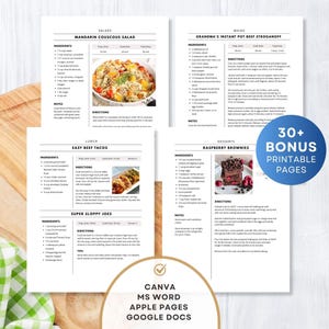 Modèle de recette de 4 pages, livre de recettes imprimable, modèle de recette modifiable Word, Pages Mac, documents Google, Canva, modèle de livre de recettes simple et épuré