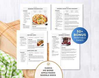 4 Page Recipe Template, Printable Recipe Book, Editable Recipe Template Word, Mac Pages, Google Docs, Canva, Clean Simple Cookbook Template
