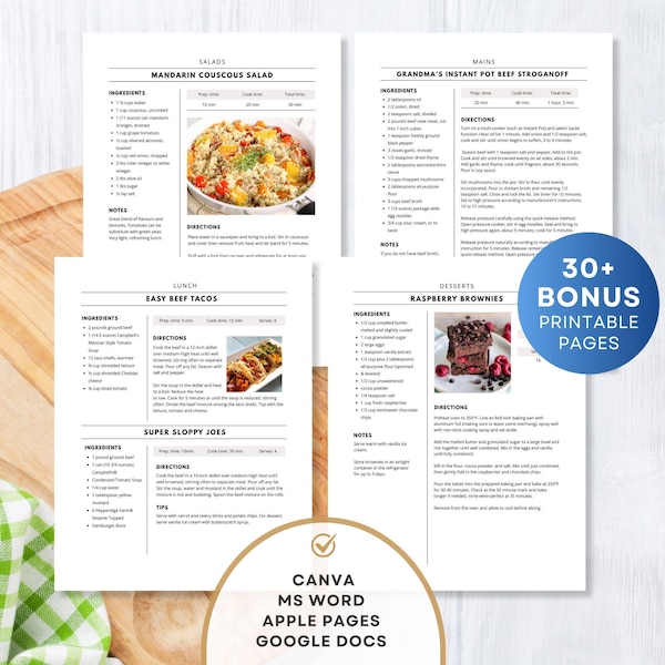 Receptsjabloon met 4 pagina's, afdrukbaar receptenboek, bewerkbare receptsjabloon Word, Mac Pages, Google Docs, Canva, eenvoudig kookboeksjabloon opschonen