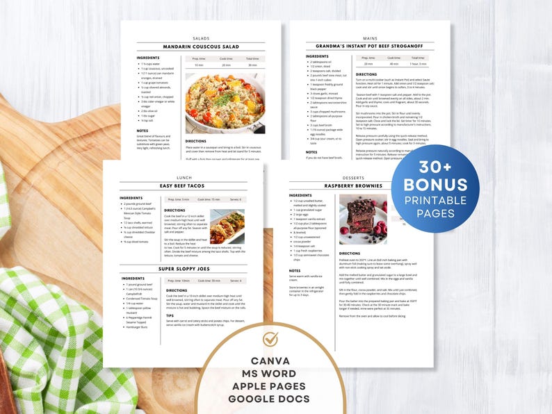 Modello di ricetta di 4 pagine, libro di ricette stampabile, modello di ricetta modificabile Word, Mac Pages, Google Docs, Canva, modello di libro di cucina pulito e semplice immagine 1