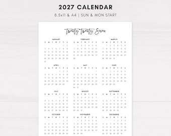 2027 Printable Year Calendar, Office Desk Planner, Sunday Monday Start Digital Calendar, Minimalist Script Simple