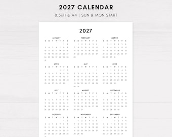 2027 Year at a Glance, Printable One-Page Wall Calendar, Minimalist Modern Yearly Overview Desk Planner