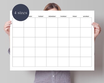 Undated Calendar, Blank Wall Calendar, Large Weekly Planner, 8x11, 18x24, 24x36, 27x40 Simple Calendar, Digital Download, Sunday Start