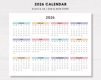 2026 Printable Desk Calendar, Office Color Planner, Instant Download, Landscape, Year Calendar Horizontal