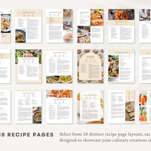 Peut inclure: Un ensemble de 18 mises en page de recettes avec diff&eacute;rents designs et images de nourriture. Les mises en page pr&eacute;sentent une vari&eacute;t&eacute; de polices et de couleurs, et elles sont con&ccedil;ues pour mettre en valeur vos cr&eacute;ations culinaires avec style.
