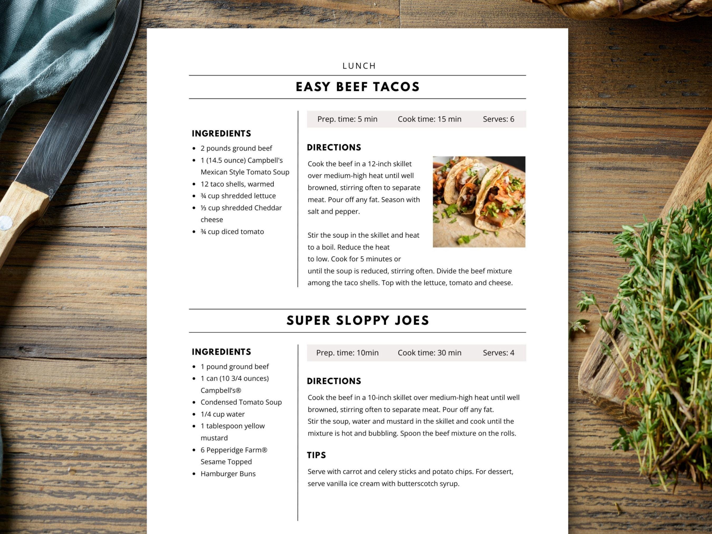 Short Recipe Template, Printable 2 Recipe per Page Template, Editable ...