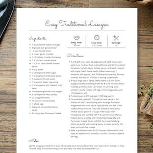 May include: A printed recipe for Easy Traditional Lasagna on a white sheet of paper. The recipe includes ingredients, prep time, total time, servings, and directions. A knife and a sprig of thyme are visible.