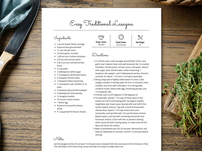 May include: A printed recipe for Easy Traditional Lasagna on a white sheet of paper. The recipe includes ingredients, prep time, total time, servings, and directions. A knife and a sprig of thyme are visible.