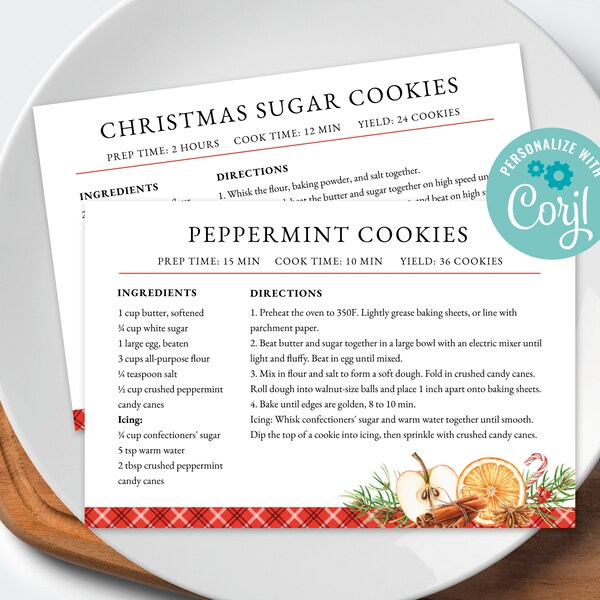 Editable Cookie Recipe Card, Corjl Recipe Card Template, Christmas Printable Recipe Cards 4x6 and 5x7, Holiday Recipe Card, Instant Download