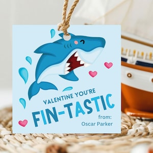 Haai Valentijnskaart, schattige haai Valentijnsdagtag, klas Valentijn, fantastische vriend Valentijn, vin-tastische vriend, schoolvalentijn