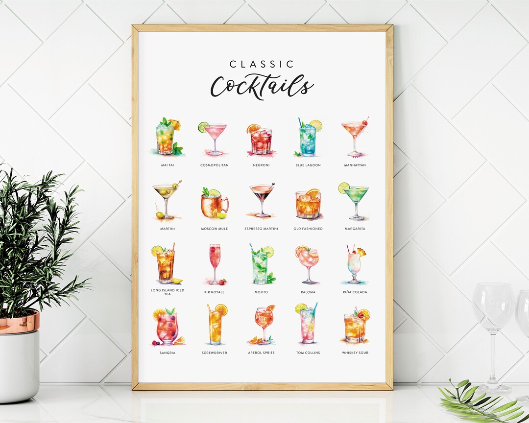 Printable Cocktaisl 20 Watercolor Classic Cocktails, Digital Wall Art, Printable Cocktails ...