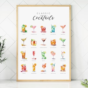 20 cócteles clásicos en acuarela, arte mural digital, póster de cócteles imprimible, arte mural de cocina, descarga instantánea, decoración de bar, impresión digital