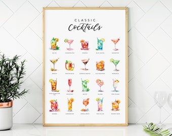 20 Watercolor Classic Cocktails Digital Wall Art, Printable Cocktails Poster, Kitchen Wall Art, Instant Download Bar Decor