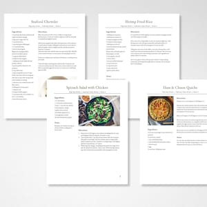 May include: Four recipe cards with images of food and instructions for making Seafood Chowder, Shrimp Fried Rice, Spinach Salad with Chicken, and Ham & Cheese Quiche.