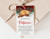 Simmering Christmas Potpourri Tag Instructions, Printable Holiday Gift Label, Editable, for Friend or Teacher