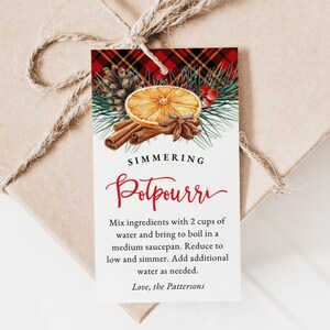 Istruzioni per l'etichetta del potpourri di Natale bollente, etichetta regalo potpourri stampabile, etichetta potpourri natalizia modificabile, etichetta regalo per amico o insegnante