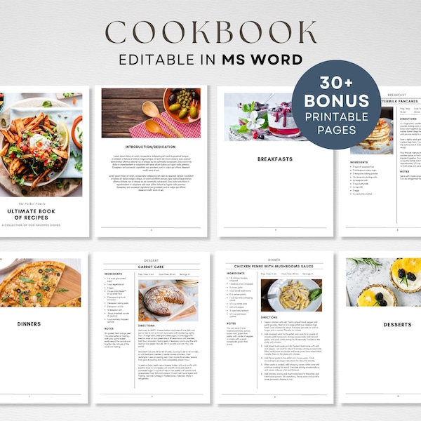 Bewerkbare MS Word-sjabloon, afdrukbare receptenbinderkit, direct downloaden, DIY-kookboek, aanpasbare keukenorganizer, boek met receptenpagina's