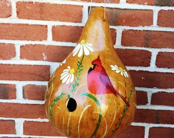 Handpainted Gourd Birdhouse with Cardinal and Daisies