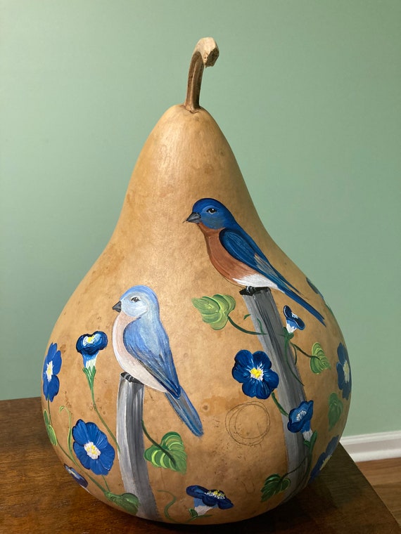 Hand-painted Gourd Birdhouse with bluebirds and morning glory flowers